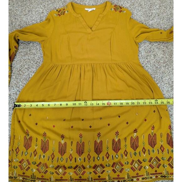 Womens S Boho Long Sleeve Dress Embroidered V Neck Gold Mustard Yellow Hippie - Picture 12 of 14